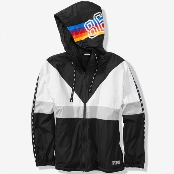 Victoria's Secret PINK Sherpa Lined Full Zip Anorak Hoodie Jacket Rainbow Logo - Picture 2 of 15